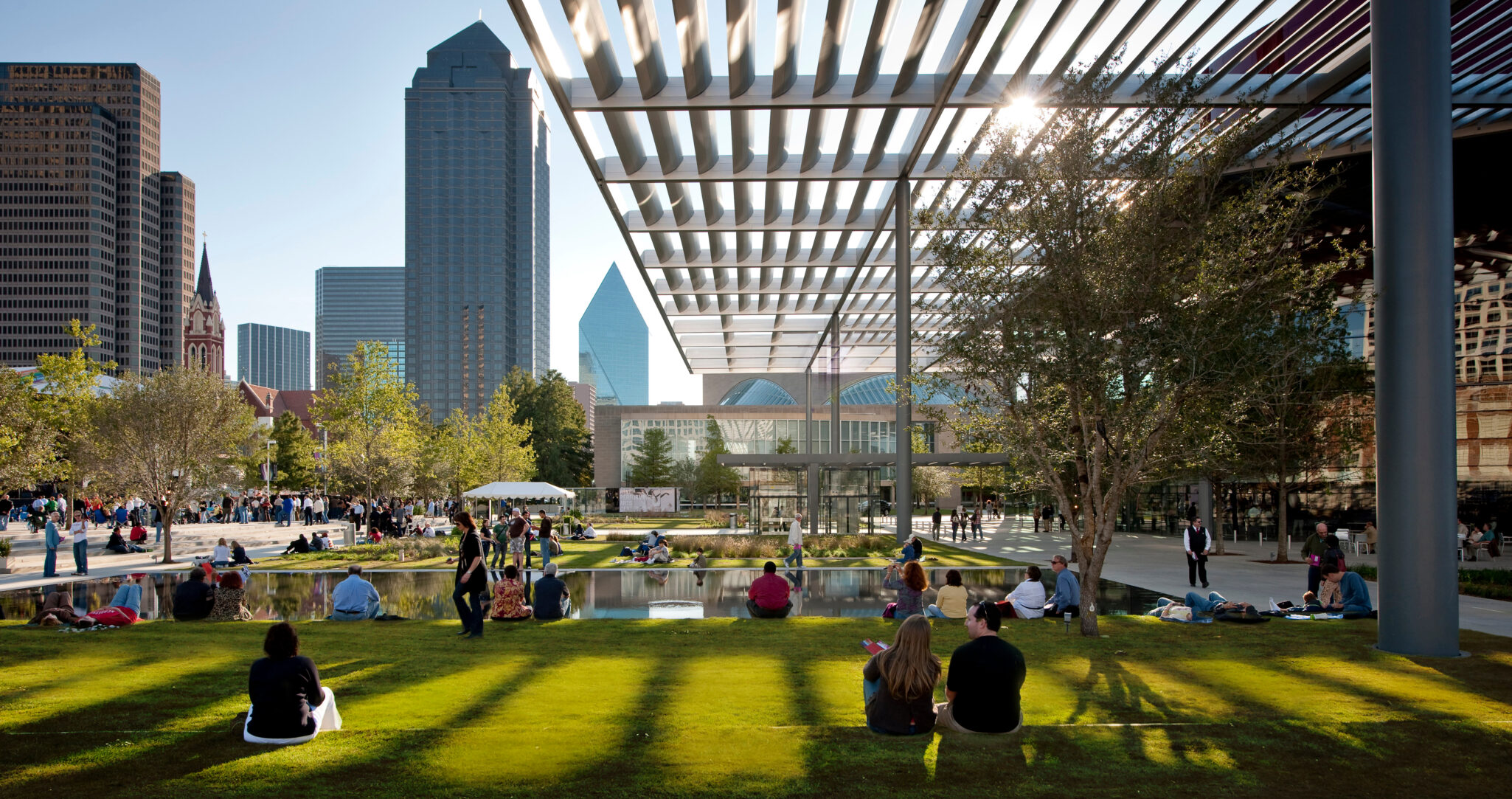 People hang out in the Dallas Arts District